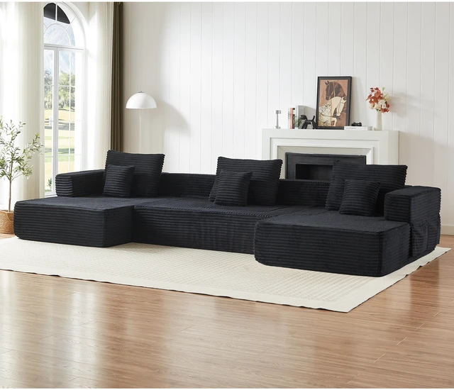 Main image of Freely Configurable U-Shaped Modular Sofa, 137 Inch Extra Large Foam Sofa with Removable Armrests, Black, Corduroy