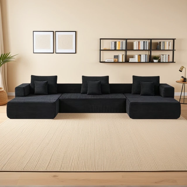 Alt view image 3 of 7 - Freely Configurable U-Shaped Modular Sofa, 137 Inch Extra Large Foam Sofa with Removable Armrests, Black, Corduroy