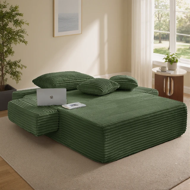Alt view image 4 of 7 - Chaise Lounge Chair, 2 in Chaise Lounge Indoor Upholstered Sleeper Chair Converts Bed Corduroy Reading Deep Seat Cloud