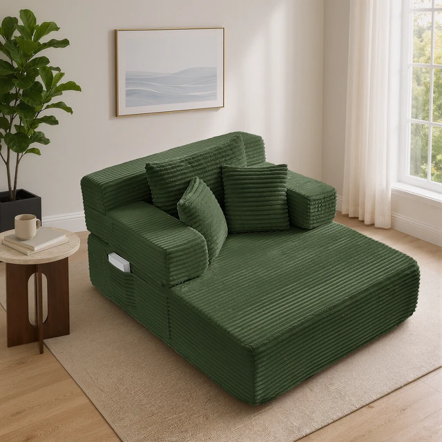 Alt view image 3 of 7 - Chaise Lounge Chair, 2 in Chaise Lounge Indoor Upholstered Sleeper Chair Converts Bed Corduroy Reading Deep Seat Cloud