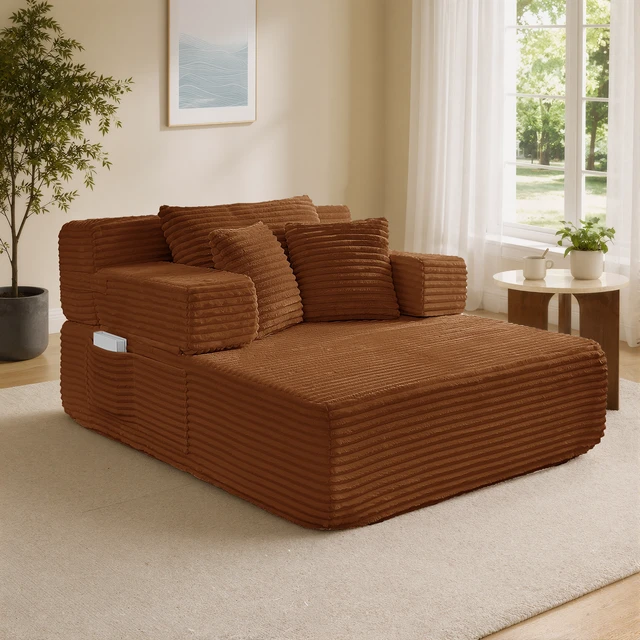 Alt view image 2 of 7 - Chaise Lounge Chair, 2 in Chaise Lounge Indoor Upholstered Sleeper Chair Converts Bed Corduroy Reading Deep Seat Cloud