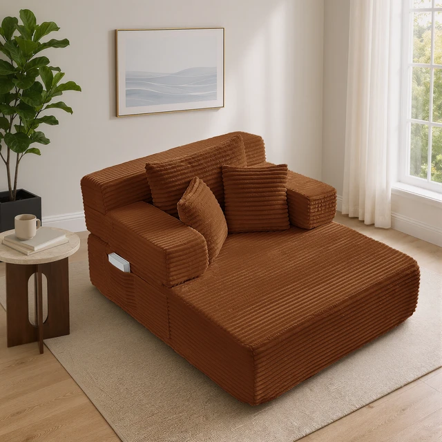 Alt view image 3 of 7 - Chaise Lounge Chair, 2 in Chaise Lounge Indoor Upholstered Sleeper Chair Converts Bed Corduroy Reading Deep Seat Cloud