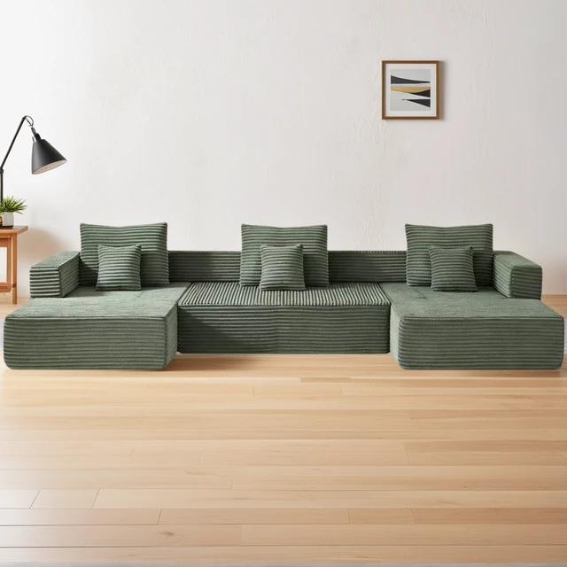 Alt view image 2 of 6 - Freely Configurable U-Shaped Modular Sofa, 137 Inch Extra Large Foam Sofa with Removable Armrests, Green, Corduroy