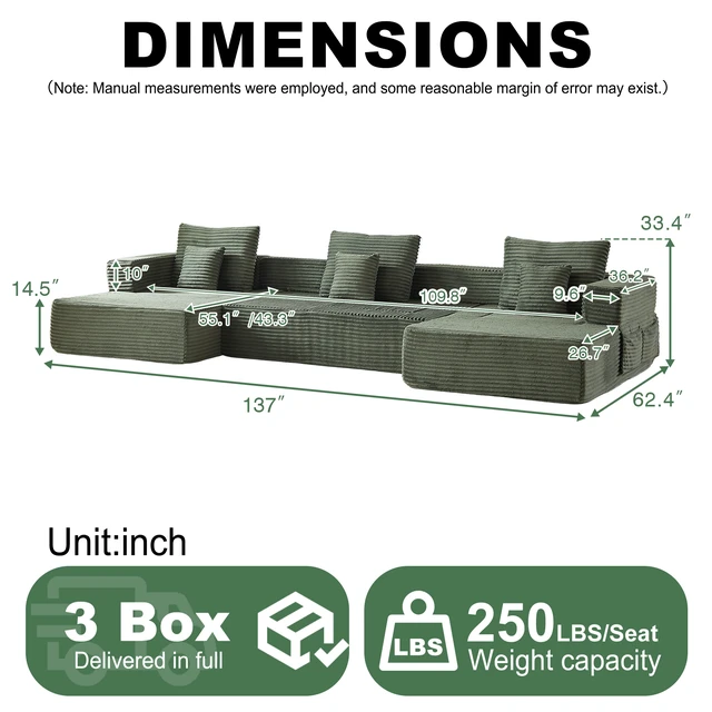 Alt view image 3 of 6 - Freely Configurable U-Shaped Modular Sofa, 137 Inch Extra Large Foam Sofa with Removable Armrests, Green, Corduroy