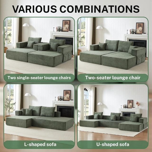 Alt view image 5 of 6 - Freely Configurable U-Shaped Modular Sofa, 137 Inch Extra Large Foam Sofa with Removable Armrests, Green, Corduroy