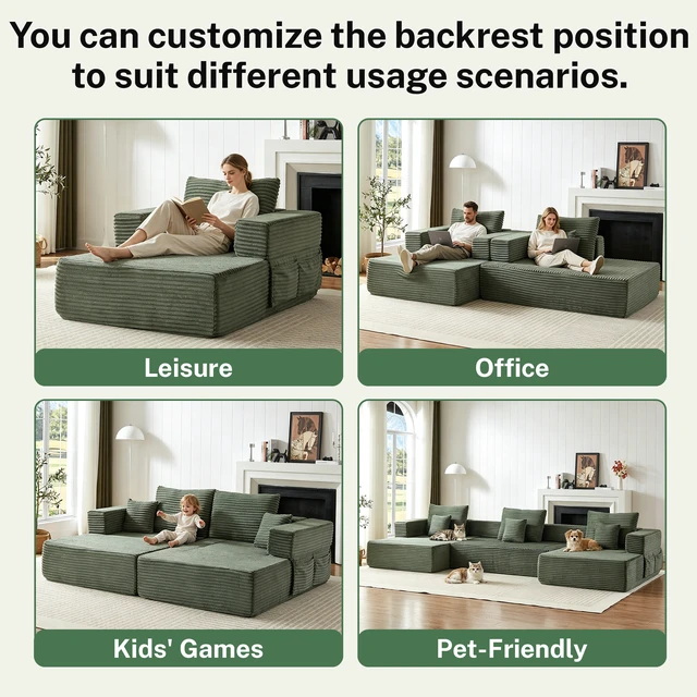 Alt view image 6 of 6 - Freely Configurable U-Shaped Modular Sofa, 137 Inch Extra Large Foam Sofa with Removable Armrests, Green, Corduroy