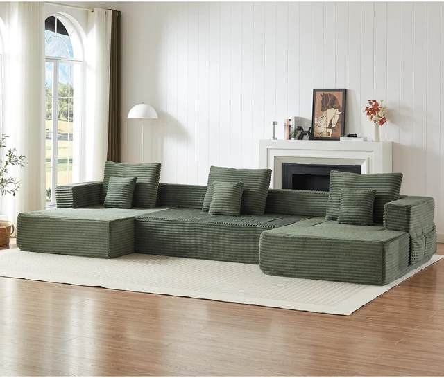 Main image of Freely Configurable U-Shaped Modular Sofa, 137 Inch Extra Large Foam Sofa with Removable Armrests, Green, Corduroy