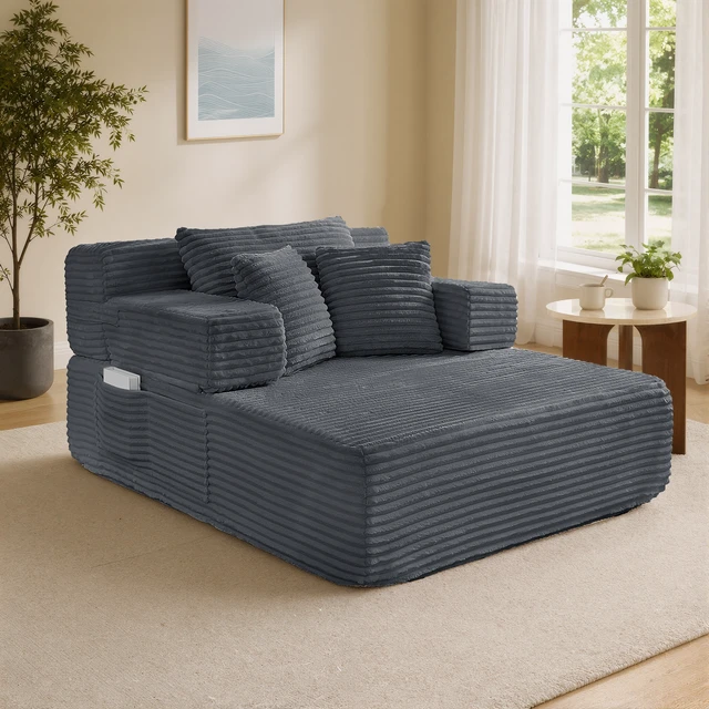 Alt view image 2 of 7 - Chaise Lounge Chair, 2 in Chaise Lounge Indoor Upholstered Sleeper Chair Converts Bed Corduroy Reading Deep Seat Cloud