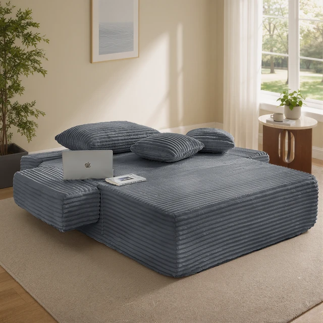 Alt view image 3 of 7 - Chaise Lounge Chair, 2 in Chaise Lounge Indoor Upholstered Sleeper Chair Converts Bed Corduroy Reading Deep Seat Cloud