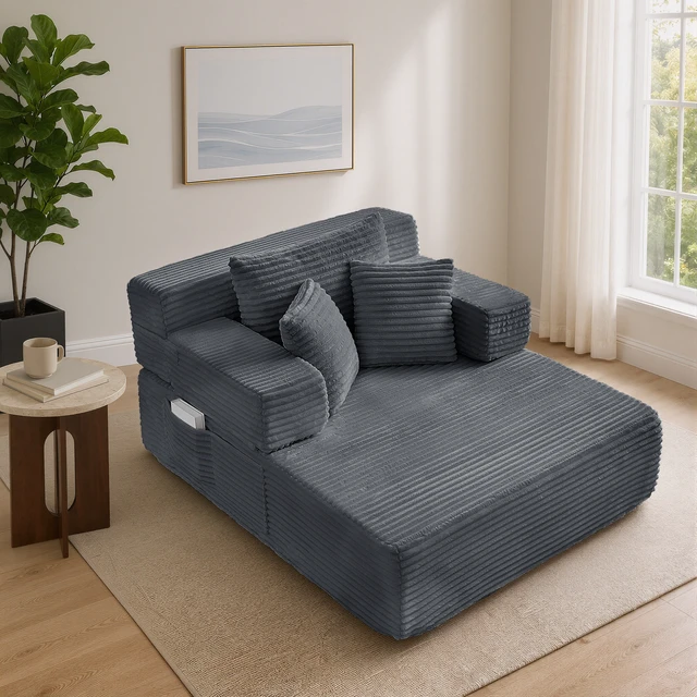 Alt view image 5 of 7 - Chaise Lounge Chair, 2 in Chaise Lounge Indoor Upholstered Sleeper Chair Converts Bed Corduroy Reading Deep Seat Cloud