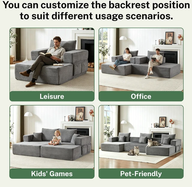 Alt view image 6 of 7 - Modular Configurable Sofa L-Shaped Sectional, Convertible Seater Foam Lounge Removable Armrests with Storage Pockets