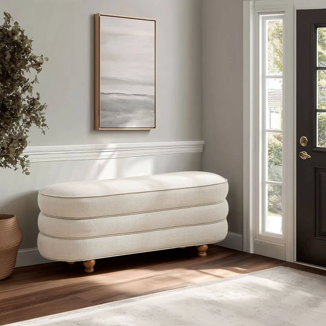 Alt view image 2 of 7 - One Size Oval Channel Storage Bench with Wooden Ball Feet, Cream, Storage Benches