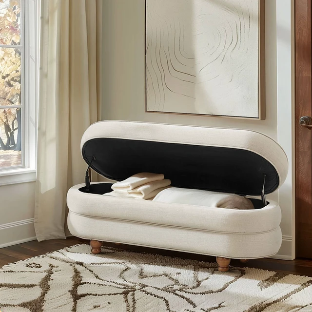 Alt view image 3 of 7 - One Size Oval Channel Storage Bench with Wooden Ball Feet, Cream, Storage Benches