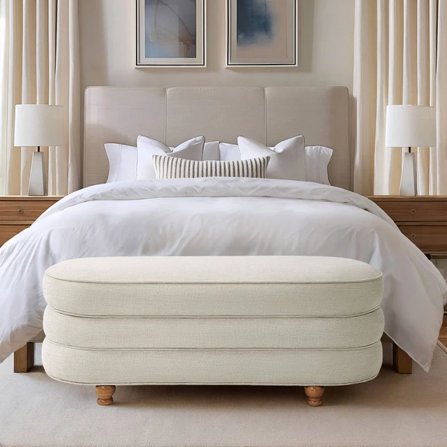 Alt view image 4 of 7 - One Size Oval Channel Storage Bench with Wooden Ball Feet, Cream, Storage Benches