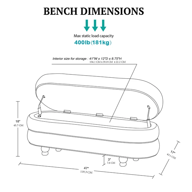 Alt view image 5 of 7 - One Size Oval Channel Storage Bench with Wooden Ball Feet, Cream, Storage Benches