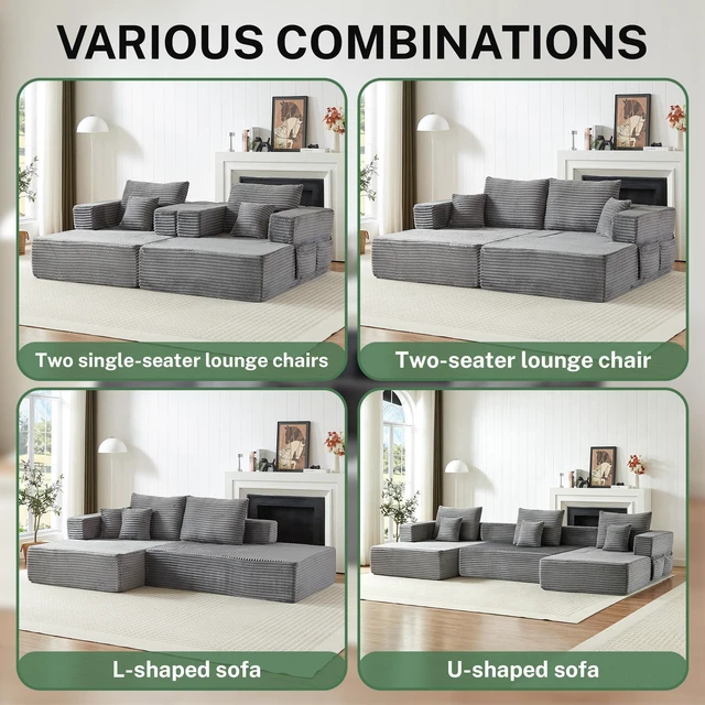 Alt view image 4 of 7 - Modular Configurable Sofa L-Shaped Sectional, Convertible Seater Foam Lounge Removable Armrests with Storage Pockets