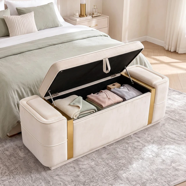 Main image of Storage Bench Upholstered Ottoman Bench Bed End Storage Seat Entryway Shoe for Living, Beige, Velvet, Benches