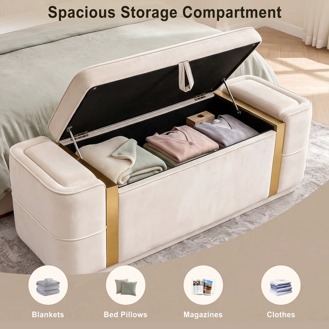 Alt view image 4 of 7 - Storage Bench Upholstered Ottoman Bench Bed End Storage Seat Entryway Shoe for Living, Beige, Velvet, Benches
