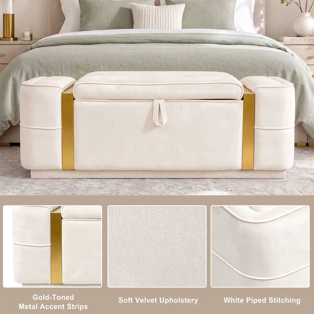 Alt view image 5 of 7 - Storage Bench Upholstered Ottoman Bench Bed End Storage Seat Entryway Shoe for Living, Beige, Velvet, Benches