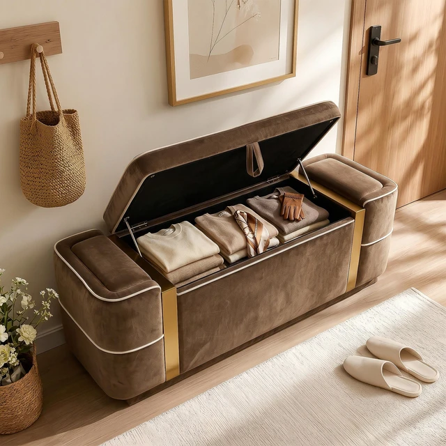 Main image of Storage Bench Upholstered Ottoman Bench Bed End Storage Seat Entryway Shoe for Living, Brown, Velvet, Benches