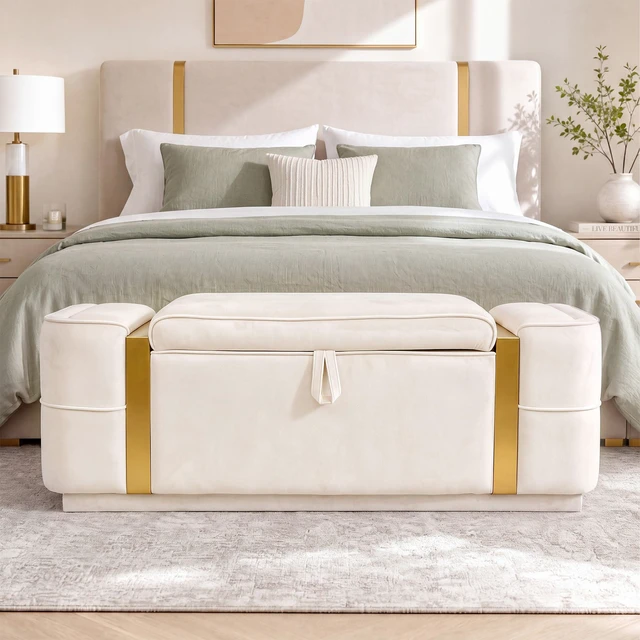 Alt view image 7 of 7 - Storage Bench Upholstered Ottoman Bench Bed End Storage Seat Entryway Shoe for Living, Beige, Velvet, Benches