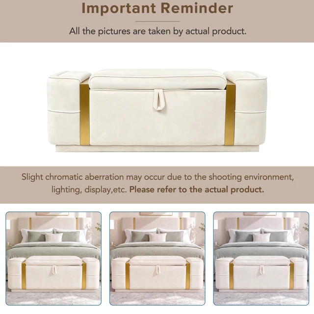 Alt view image 6 of 7 - Storage Bench Upholstered Ottoman Bench Bed End Storage Seat Entryway Shoe for Living, Beige, Velvet, Benches