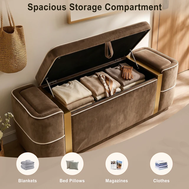 Alt view image 4 of 7 - Storage Bench Upholstered Ottoman Bench Bed End Storage Seat Entryway Shoe for Living, Brown, Velvet, Benches