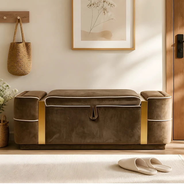 Alt view image 7 of 7 - Storage Bench Upholstered Ottoman Bench Bed End Storage Seat Entryway Shoe for Living, Brown, Velvet, Benches