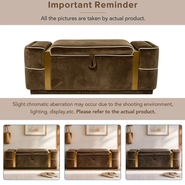 Alt view image 6 of 7 - Storage Bench Upholstered Ottoman Bench Bed End Storage Seat Entryway Shoe for Living, Brown, Velvet, Benches