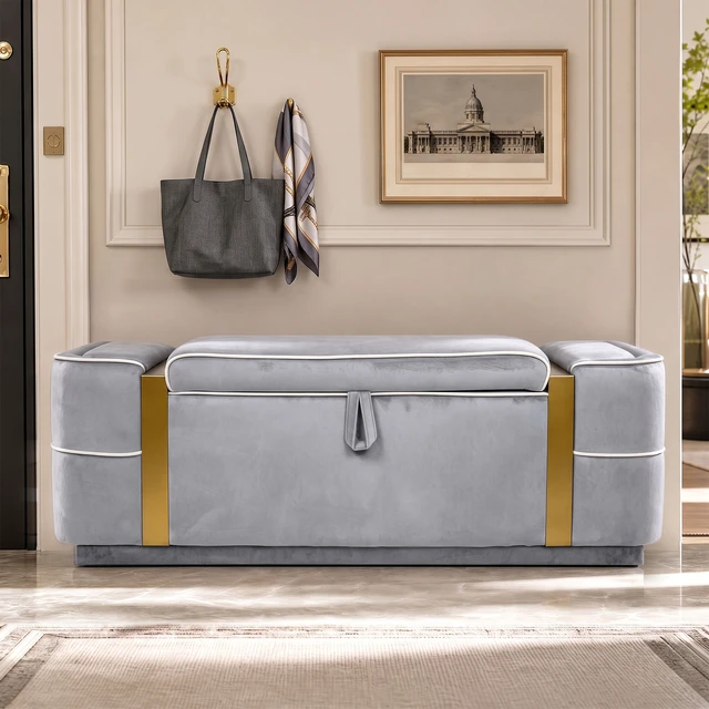 Alt view image 7 of 7 - Storage Bench Upholstered Ottoman Bench Bed End Storage Seat Entryway Shoe for Living, Grey, Velvet, Benches