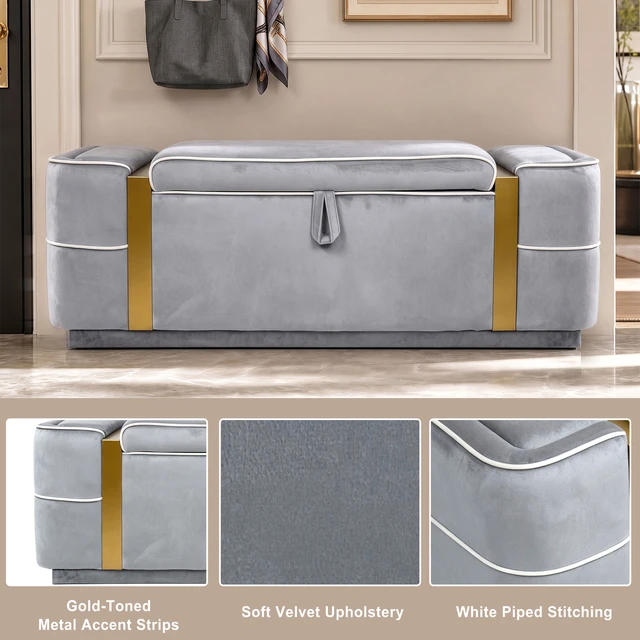 Alt view image 5 of 7 - Storage Bench Upholstered Ottoman Bench Bed End Storage Seat Entryway Shoe for Living, Grey, Velvet, Benches