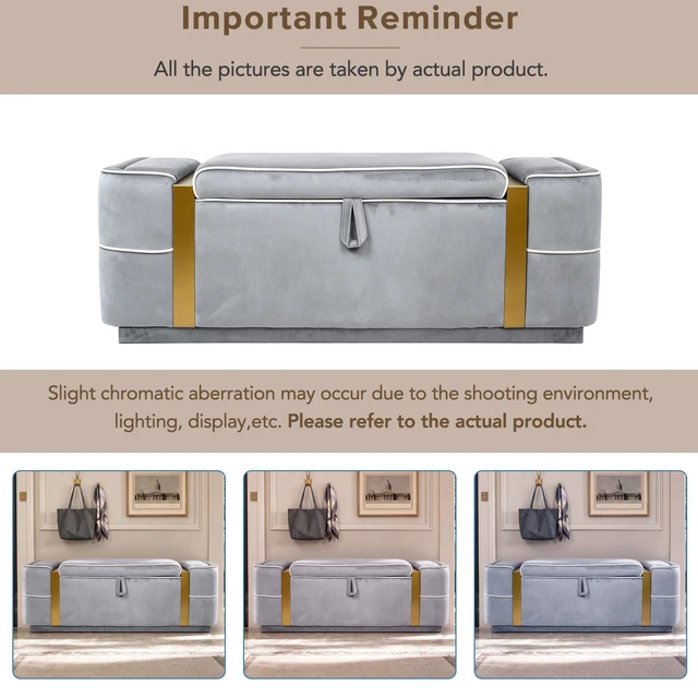 Alt view image 6 of 7 - Storage Bench Upholstered Ottoman Bench Bed End Storage Seat Entryway Shoe for Living, Grey, Velvet, Benches
