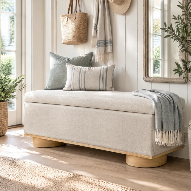 Main image of 50 Inch Oatmeal Upholstered Storage Bench End Bed Entryway Bench Ottoman for Living, Faux Fur, Storage Benches