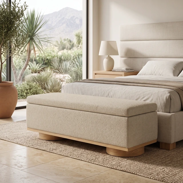 Alt view image 4 of 7 - 50 Inch Oatmeal Upholstered Storage Bench End Bed Entryway Bench Ottoman for Living, Faux Fur, Storage Benches