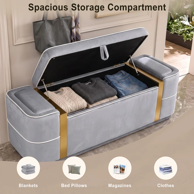 Alt view image 4 of 7 - Storage Bench Upholstered Ottoman Bench Bed End Storage Seat Entryway Shoe for Living, Grey, Velvet, Benches