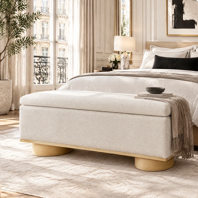 Alt view image 3 of 7 - 50 Inch Oatmeal Upholstered Storage Bench End Bed Entryway Bench Ottoman for Living, Faux Fur, Storage Benches