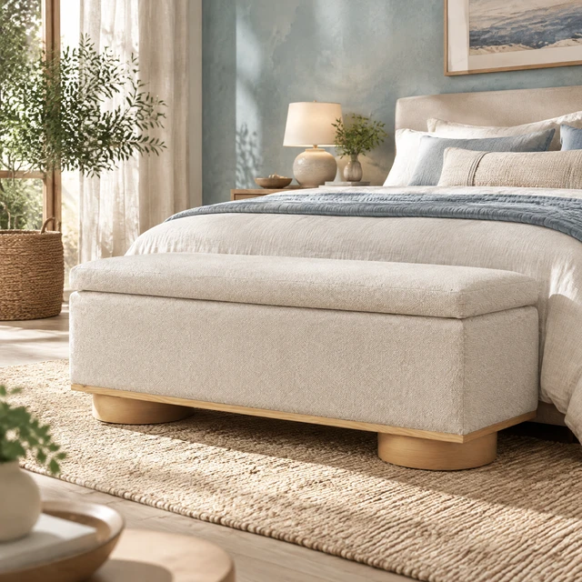 Alt view image 2 of 7 - 50 Inch Oatmeal Upholstered Storage Bench End Bed Entryway Bench Ottoman for Living, Faux Fur, Storage Benches