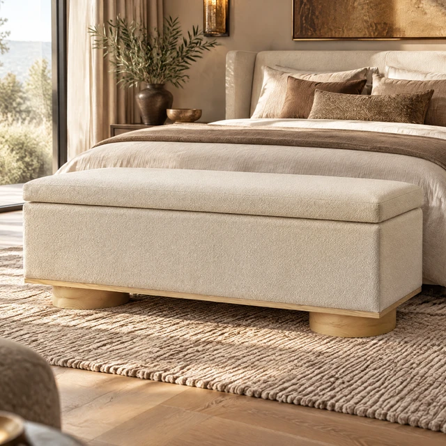 Alt view image 6 of 7 - 50 Inch Oatmeal Upholstered Storage Bench End Bed Entryway Bench Ottoman for Living, Faux Fur, Storage Benches