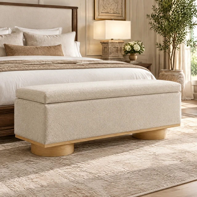 Alt view image 5 of 7 - 50 Inch Oatmeal Upholstered Storage Bench End Bed Entryway Bench Ottoman for Living, Faux Fur, Storage Benches