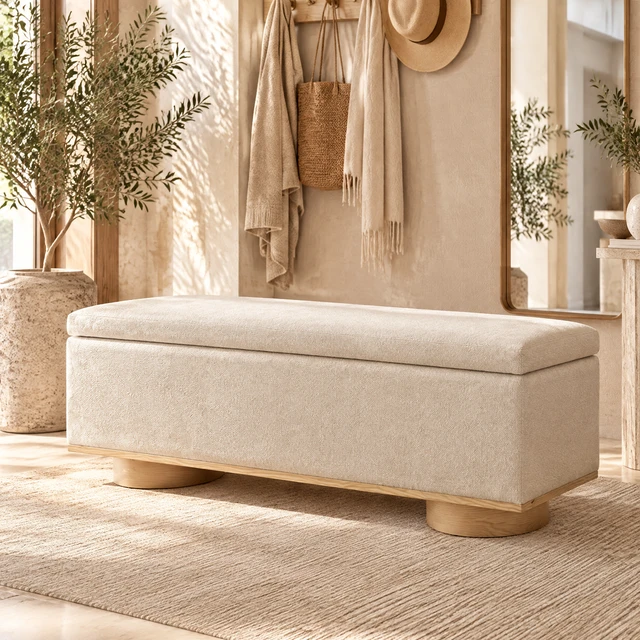 Alt view image 7 of 7 - 50 Inch Oatmeal Upholstered Storage Bench End Bed Entryway Bench Ottoman for Living, Faux Fur, Storage Benches