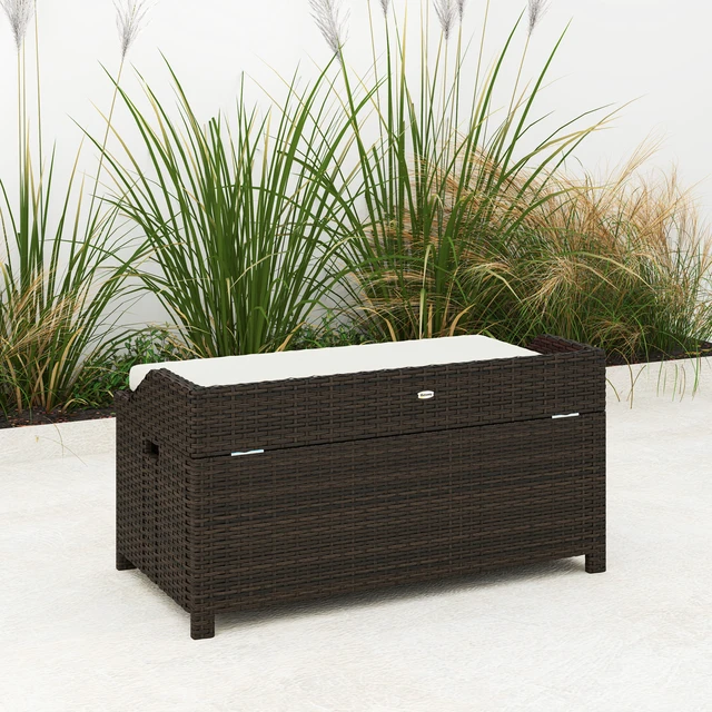 Alt view image 2 of 7 - 34 Gallon Outdoor Wicker Storage Bench Deck Box, Rattan Patio Furniture Pool Storage Bin Container with Interior