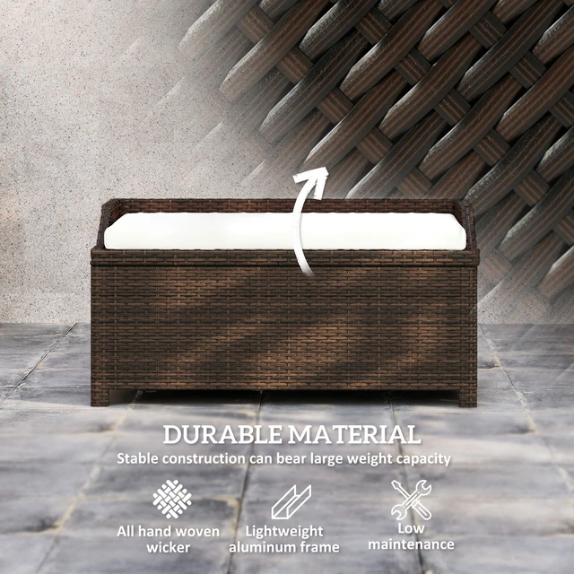 Alt view image 4 of 7 - 34 Gallon Outdoor Wicker Storage Bench Deck Box, Rattan Patio Furniture Pool Storage Bin Container with Interior