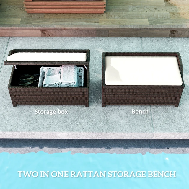 Alt view image 6 of 7 - 34 Gallon Outdoor Wicker Storage Bench Deck Box, Rattan Patio Furniture Pool Storage Bin Container with Interior
