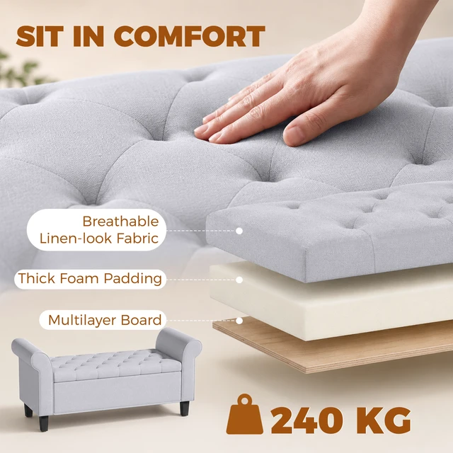 Alt view image 3 of 7 - 47 Inch Storage Ottoman Bench, Tufted Long Ottoman with Storage Chest Rolled Arms Safety Hinge Wooden Legs Upholstered
