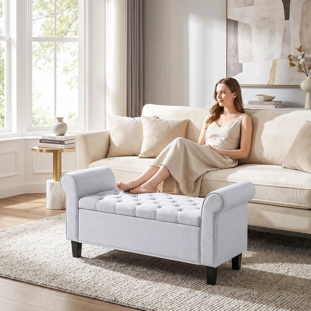 Alt view image 2 of 7 - 47 Inch Storage Ottoman Bench, Tufted Long Ottoman with Storage Chest Rolled Arms Safety Hinge Wooden Legs Upholstered