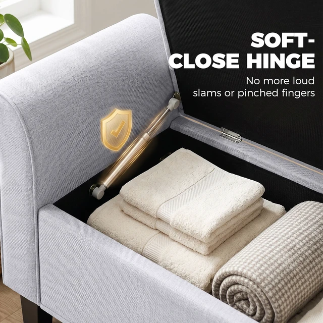 Alt view image 5 of 7 - 47 Inch Storage Ottoman Bench, Tufted Long Ottoman with Storage Chest Rolled Arms Safety Hinge Wooden Legs Upholstered