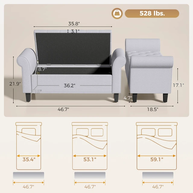 Alt view image 7 of 7 - 47 Inch Storage Ottoman Bench, Tufted Long Ottoman with Storage Chest Rolled Arms Safety Hinge Wooden Legs Upholstered