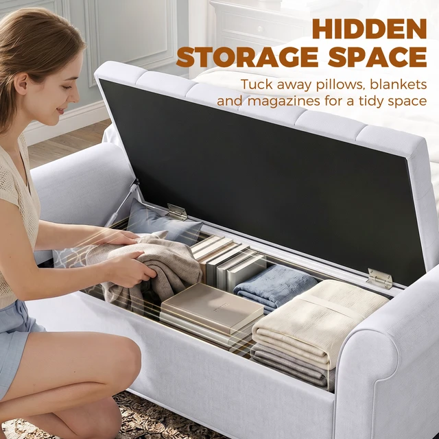 Alt view image 6 of 7 - 47 Inch Storage Ottoman Bench, Tufted Long Ottoman with Storage Chest Rolled Arms Safety Hinge Wooden Legs Upholstered