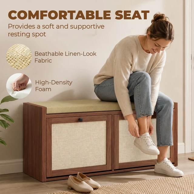 Alt view image 3 of 7 - Rattan Shoe Storage Bench with Padded Cushion, Entryway Bench with Cabinets for Hidden Storage 41.3 Inch 13.8 Inch
