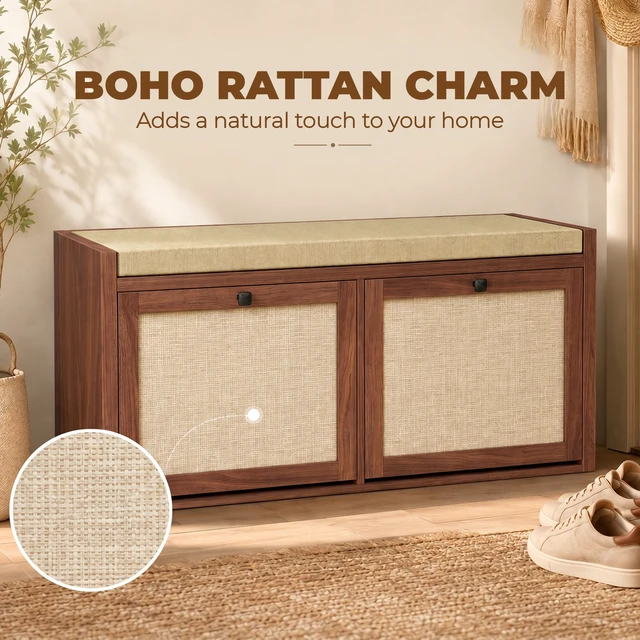Alt view image 6 of 7 - Rattan Shoe Storage Bench with Padded Cushion, Entryway Bench with Cabinets for Hidden Storage 41.3 Inch 13.8 Inch